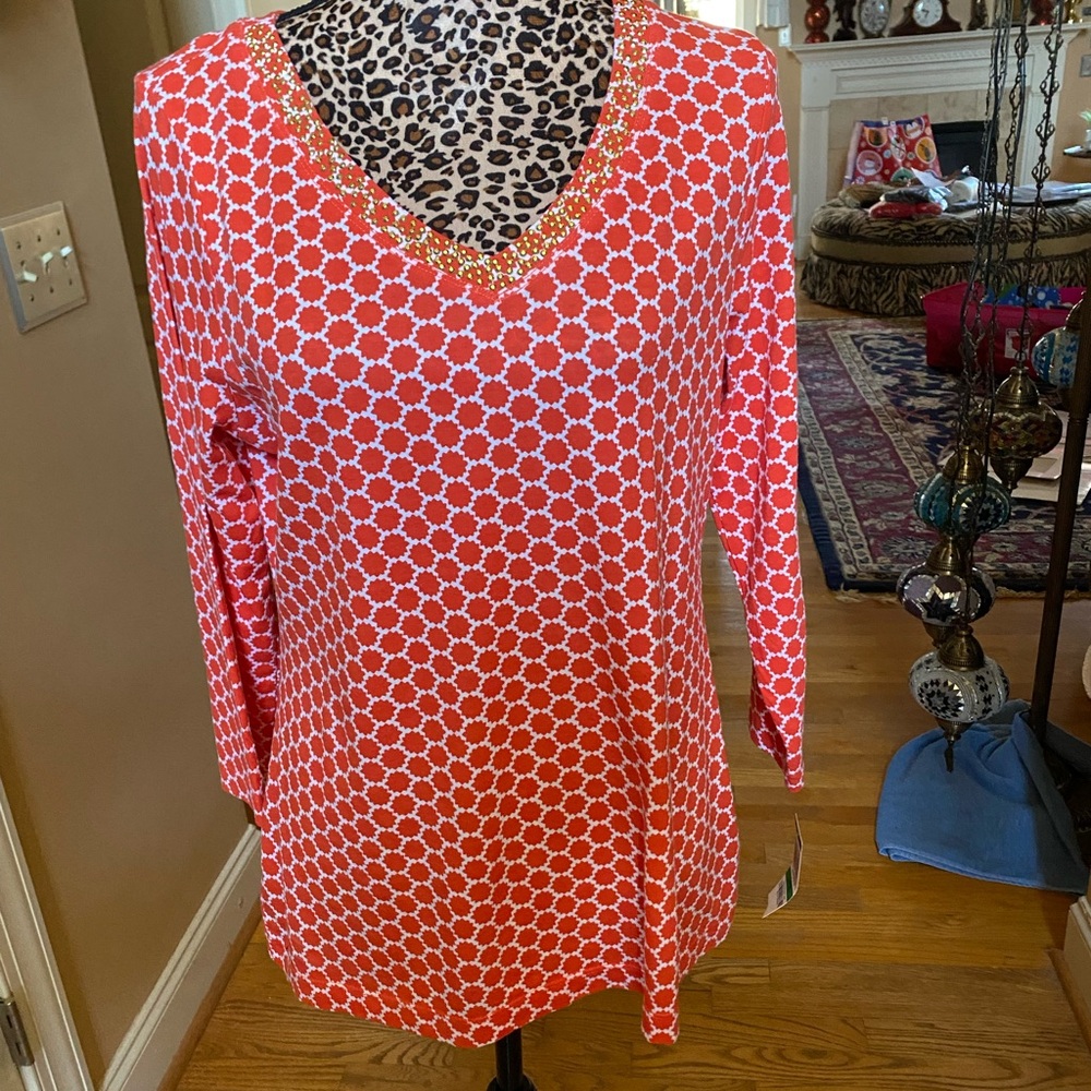 Charter Club Red and White Geometric Top